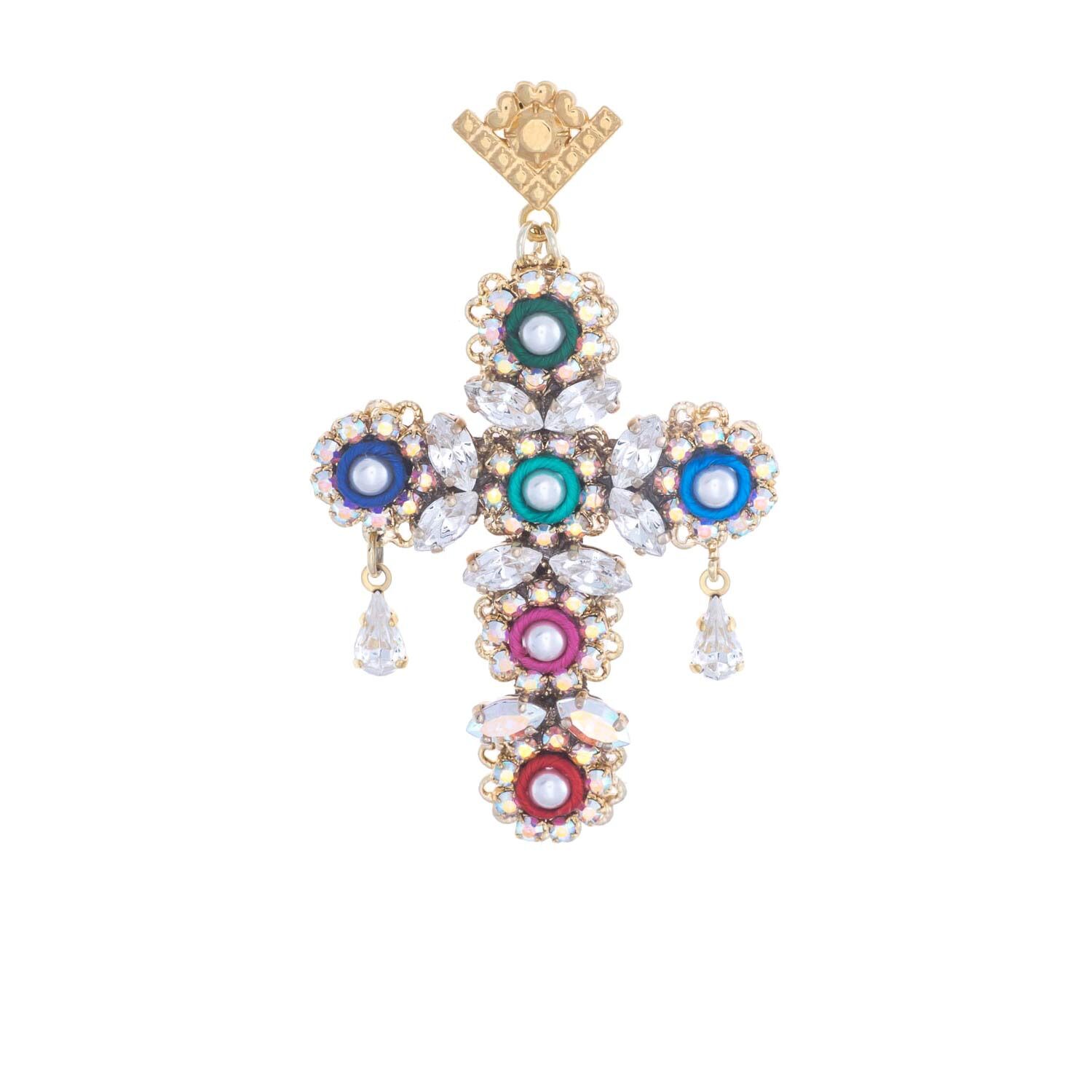 Orecchino pendente colorato a forma di croce con decorazioni floreali e foglioline cristalli swarovski chiari, passamaneria in seta multicolore