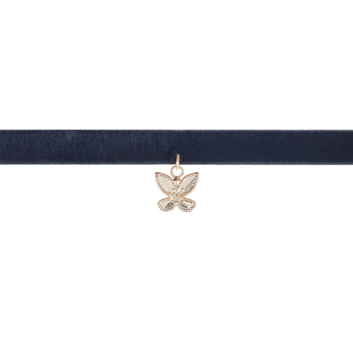 Collana choker tessuto elasticizzato nero con ciondolo pendente farfalla in bronzo placcato oro. Collarino con Croce.