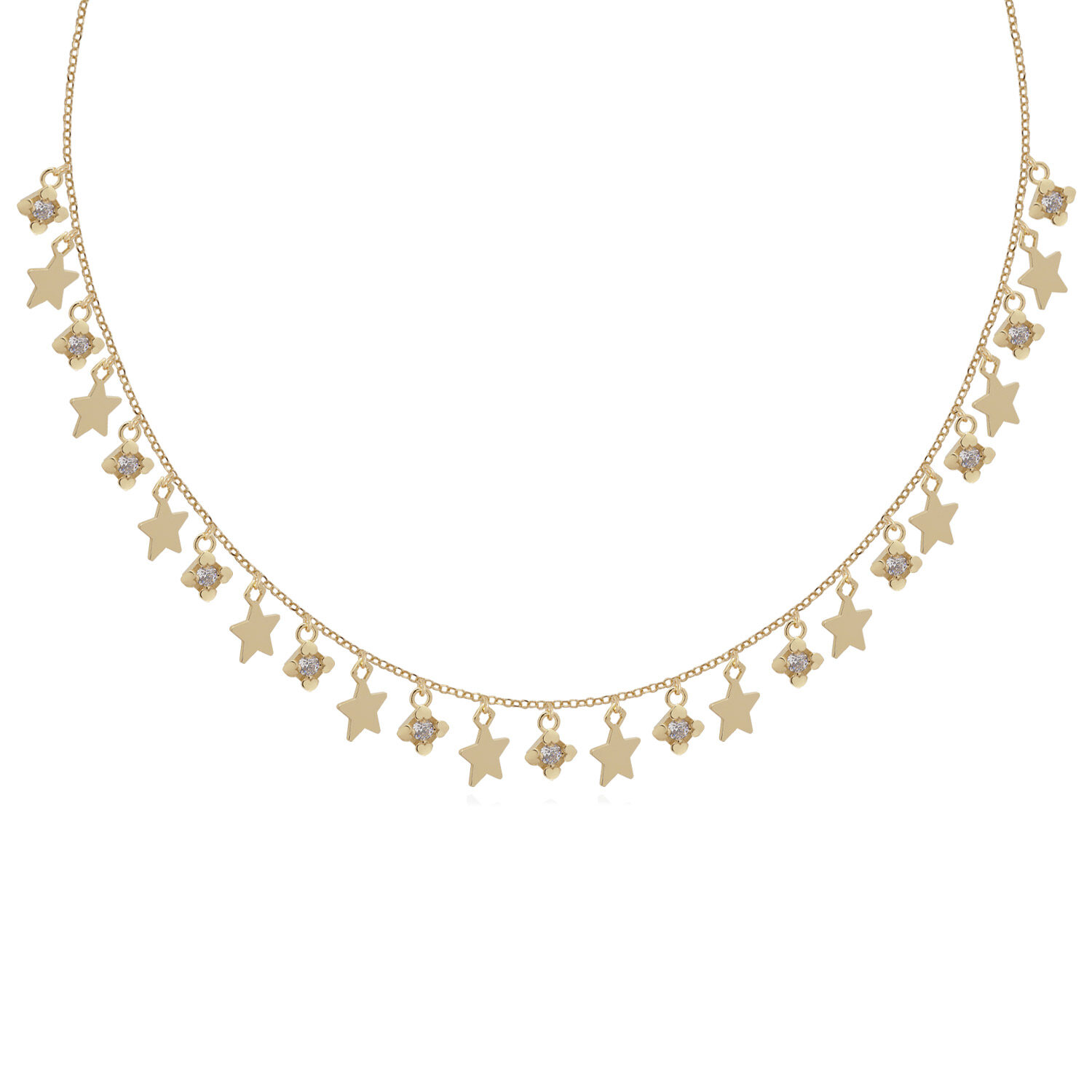 Collana con Stelline e Zirconi, Catenina Semplice e Sottile con Ciondoli, in Argento 925 Placcato Oro. Girocollo Dorato con Pendenti, Semplice e Raffinato.