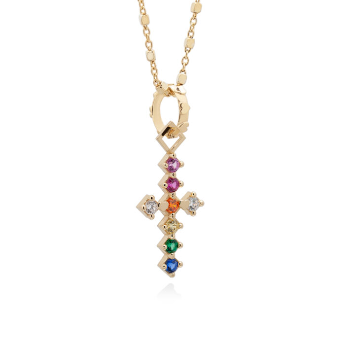 collana in argento 925 con croce pendente e zirconi colorati rainbow, placcata oro. Gioielli fatti a mano in Italia, anallergici