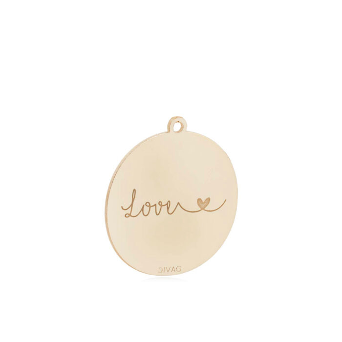 Charm Medaglia Oro con Scritta Love e un Cuoricino, Ciondolo Dorato per Orecchini a Cerchio.