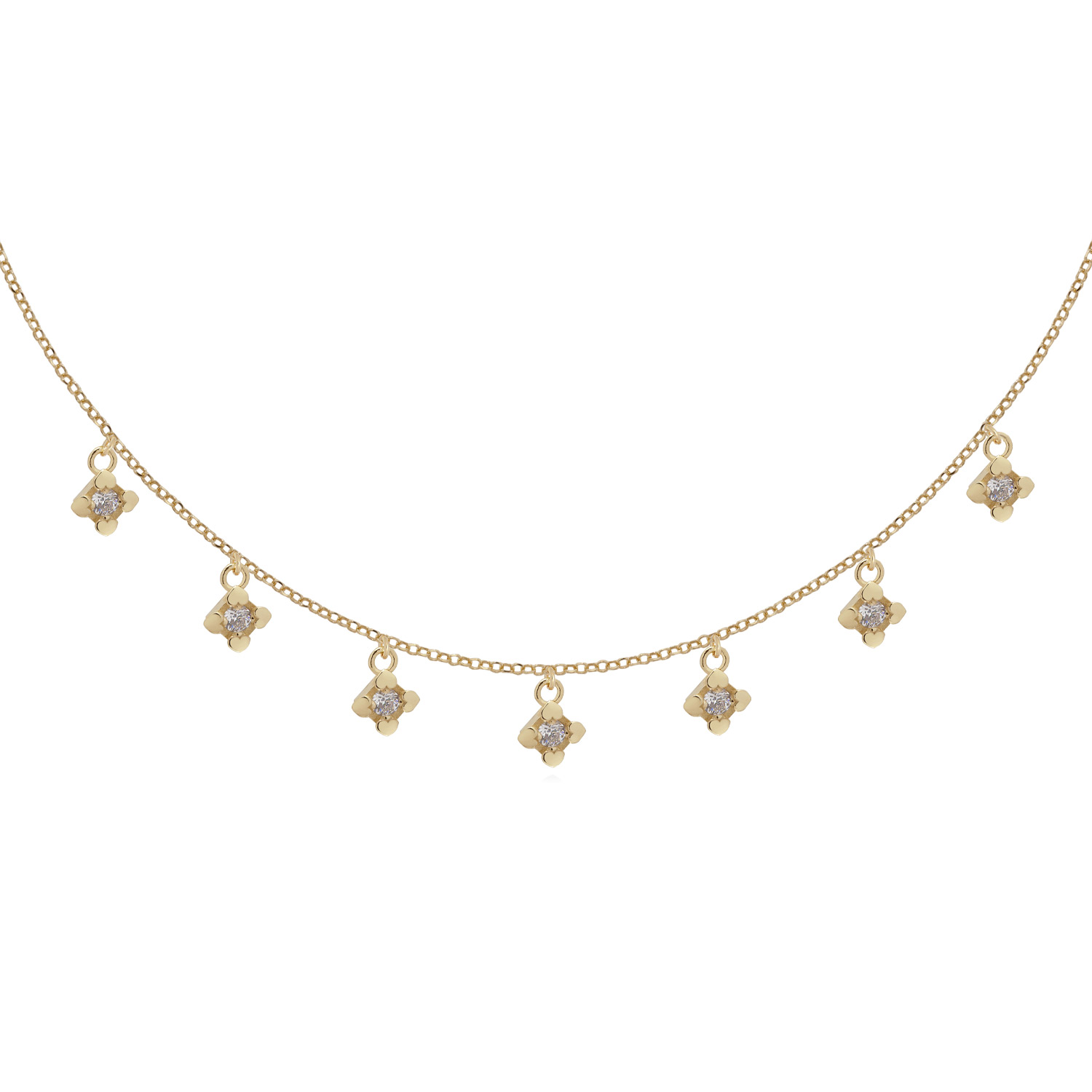 Collana con Catenina Sottile e Ciondoli Pendenti con Zirconi, in Argento 925 Placcato Oro 18 Carati. Girocollo Dorato con pietre Preziose.