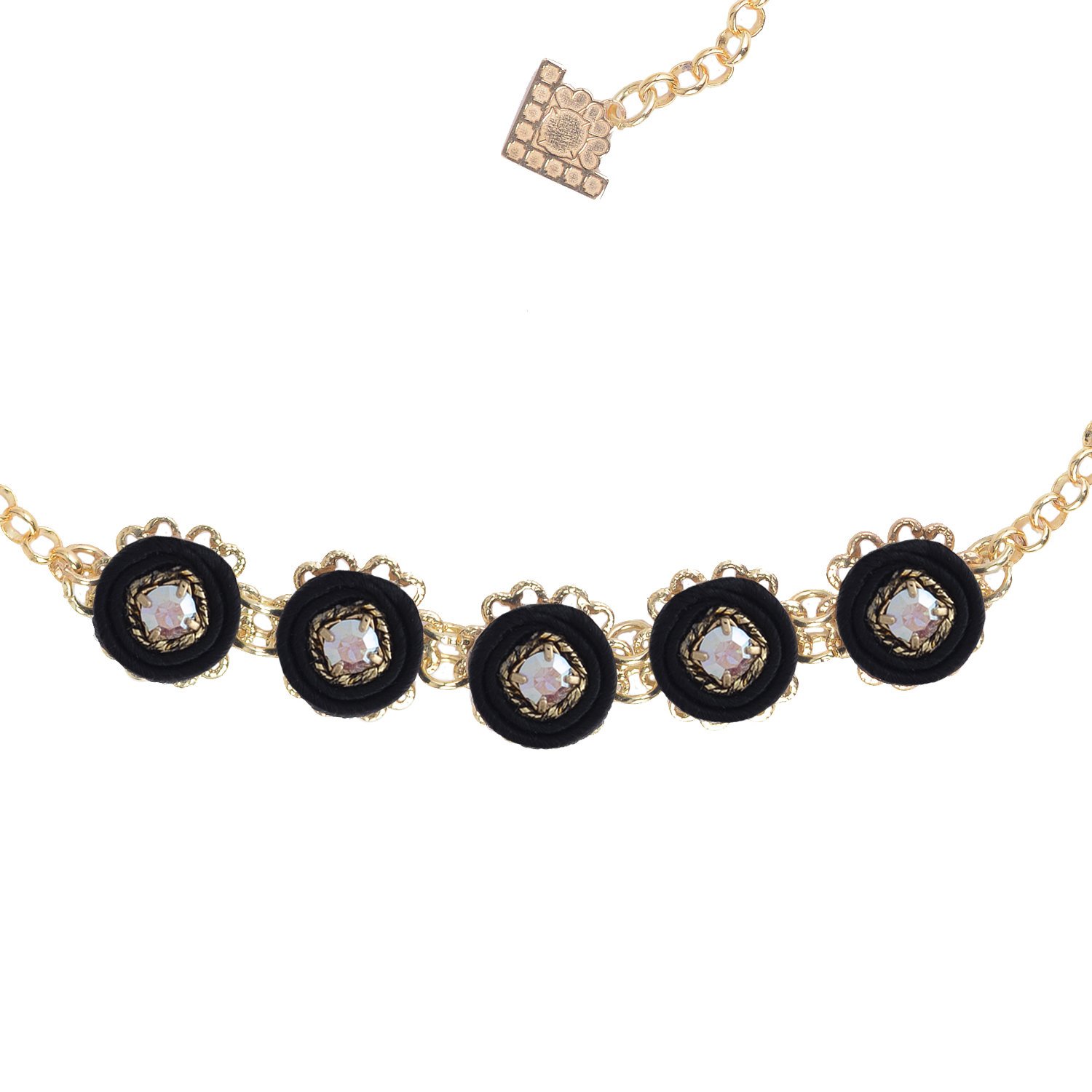 collana choker lunghezza regolabile passamaneria nera in bronzo placcato oro con moduli rotondi DIVAG