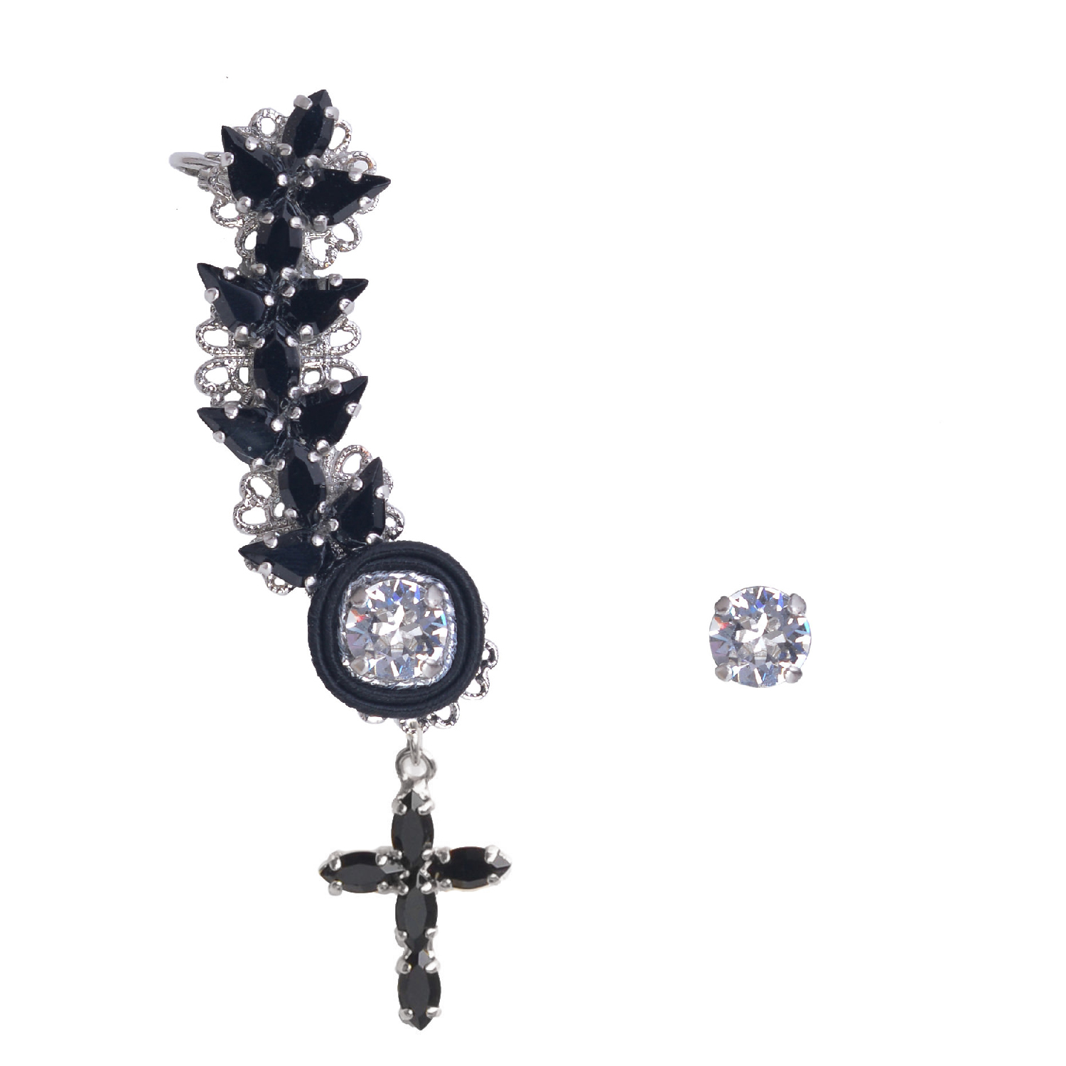 Ear cuff donna con pendente a forma di croce cristalli swarovski DIVAG con Orecchino punto luce swarovski luminoso abbinato
