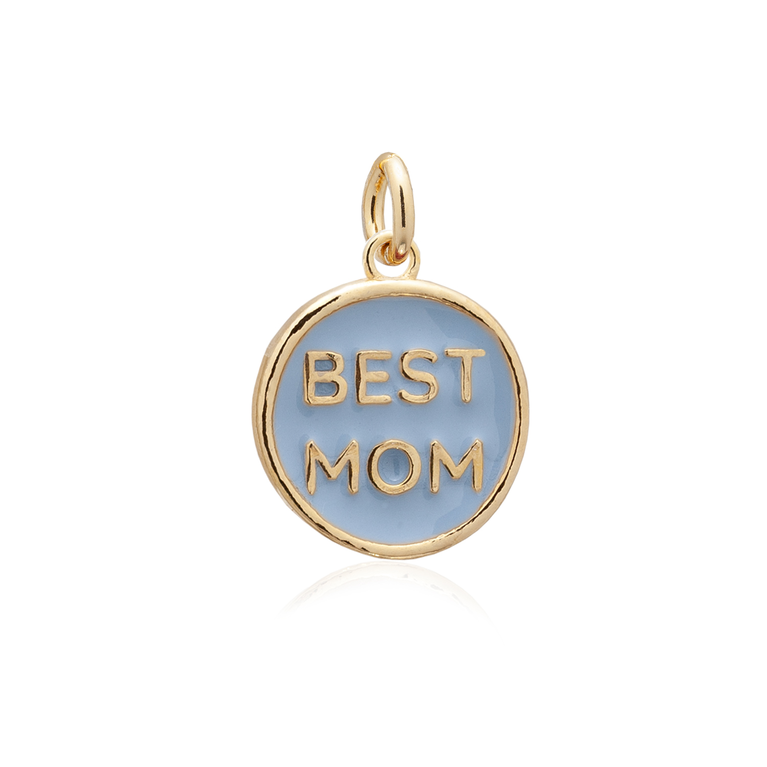 Moneta con scritto best mom in argento placcato oro, smaltato in un tenue azzurro. Regalo per la festa della mamma