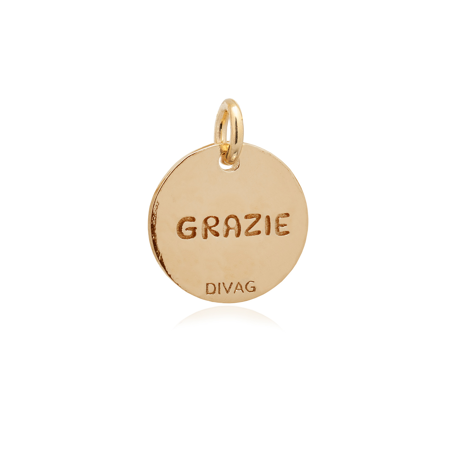 Ciondolo con scritto grazie, monetina placcata oro, made in Italy, divag