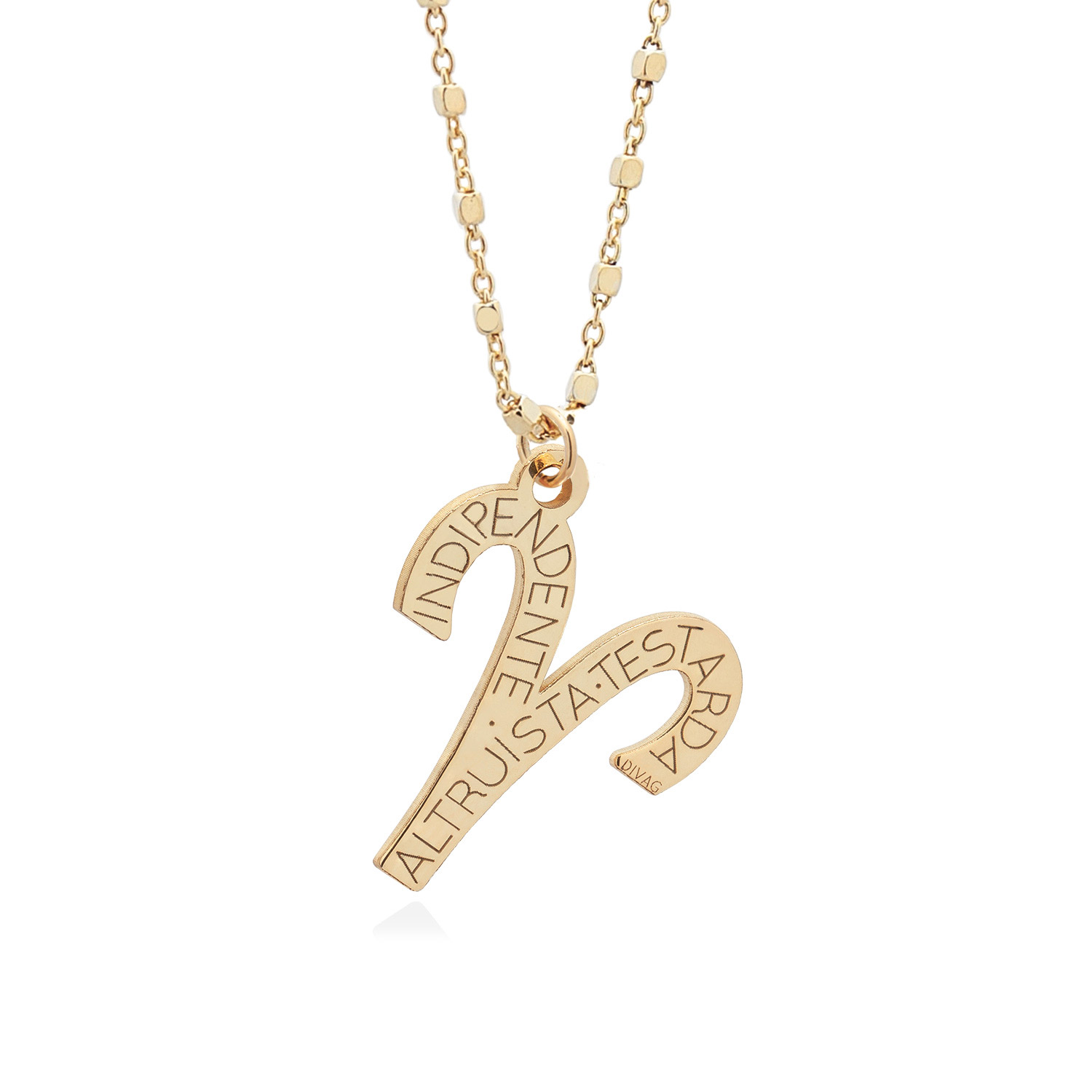 Collana con Pendente Zodiaco, Ciondolo Grande, Segno Zodiacale Ariete con Caratteristiche Incise, in Argento 925 Placcato Oro.