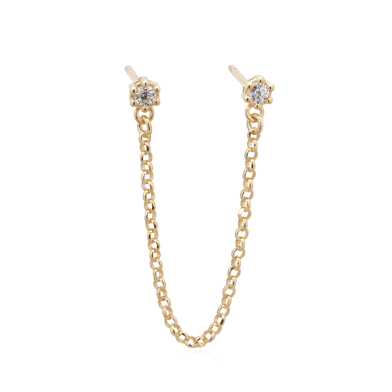 Orecchino double per due fori. Orecchini duo con due perni e catenina. Orecchino in argento finitura oro con zirconi incastonati.
