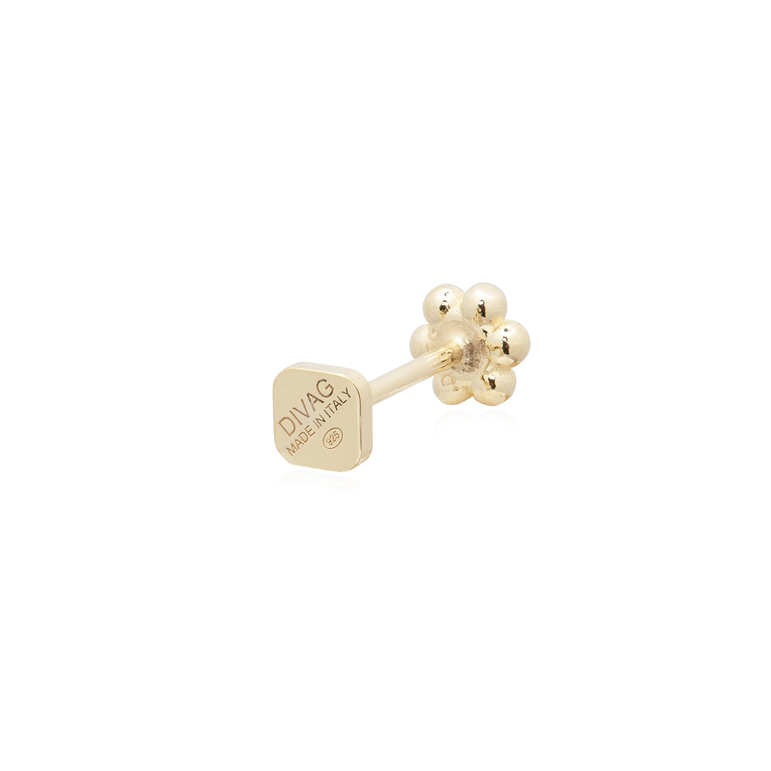 Piercing con chiusura comoda per orecchio, modello ideale per helix, tragus e simili. Argento 925 finitura oro con micro fiorellino.
