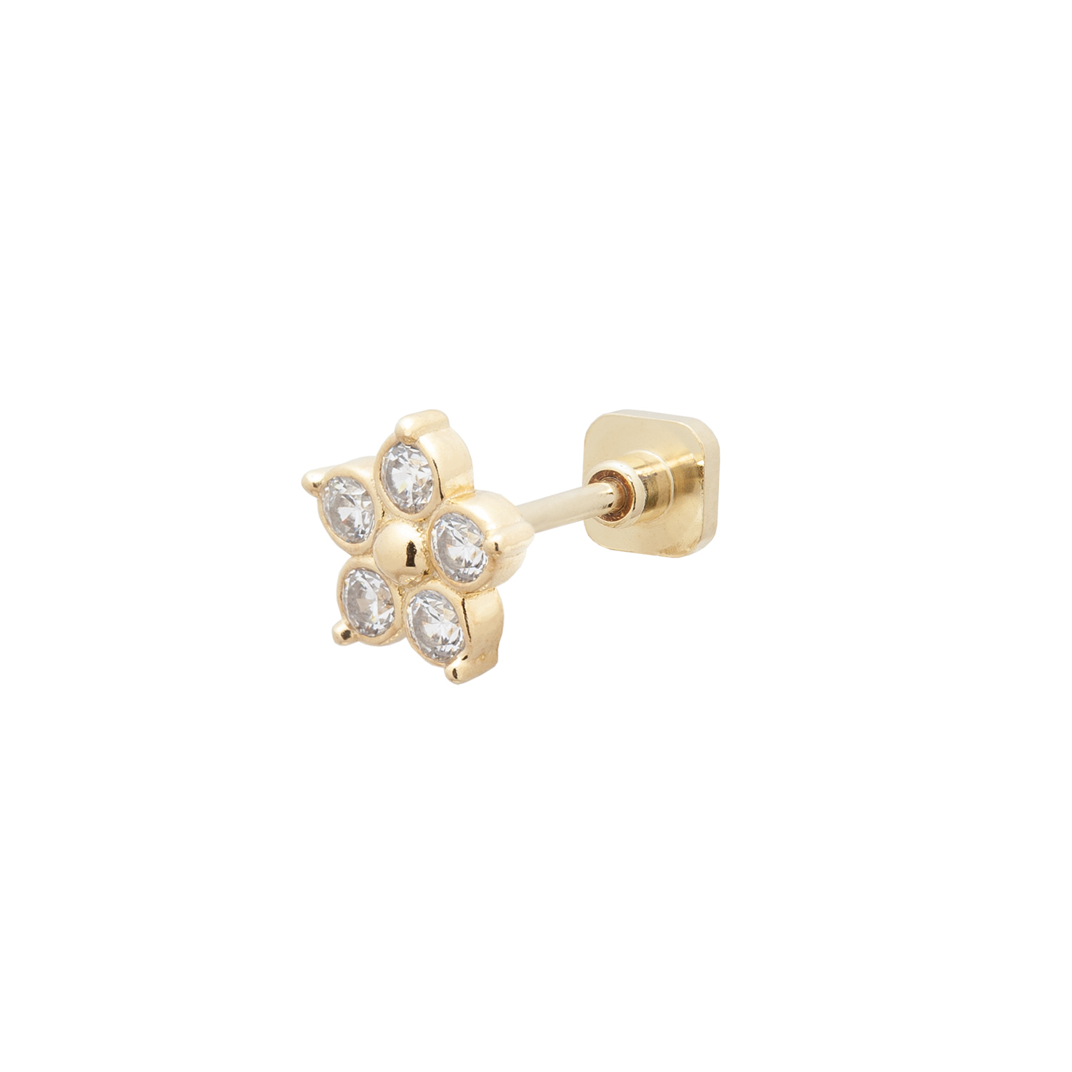 Piercing margherita piccola in argento 925 e zirconi incastonati. Piercing a forma di fiore per orecchio con chiusura a vite. Piercing ideale per helix, tragus e simili.