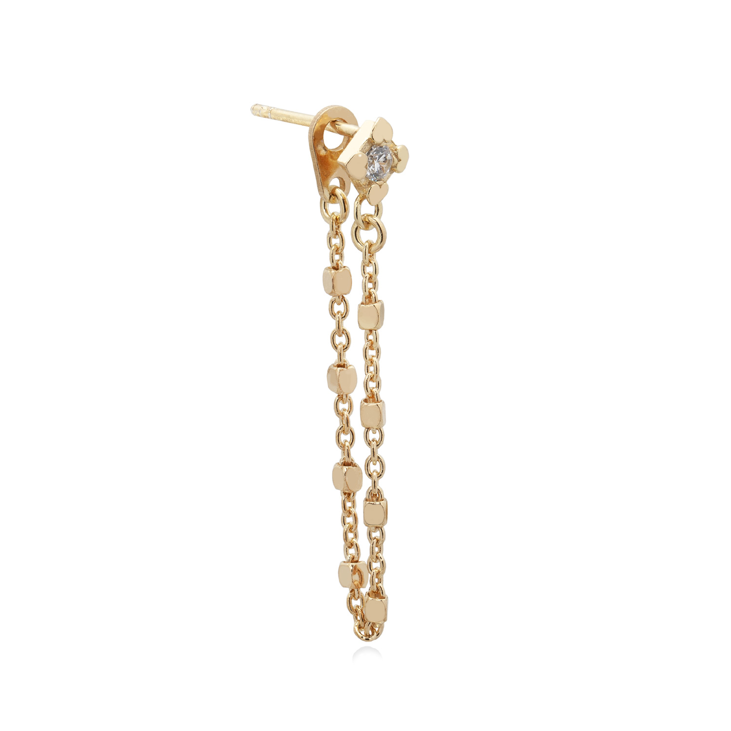 Orecchino Dorato con Zircone e Catenina, in Argento Placcato Oro. Punto Luce Oro con Catena, Originale ed Elegante.