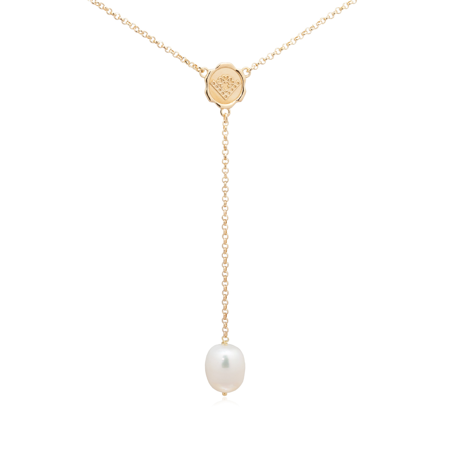 Rosario con perla scaramazza. Gioiello per cerimonie con perla in finitura oro. Elegante collana con sigillo e perla di fiume pendente.