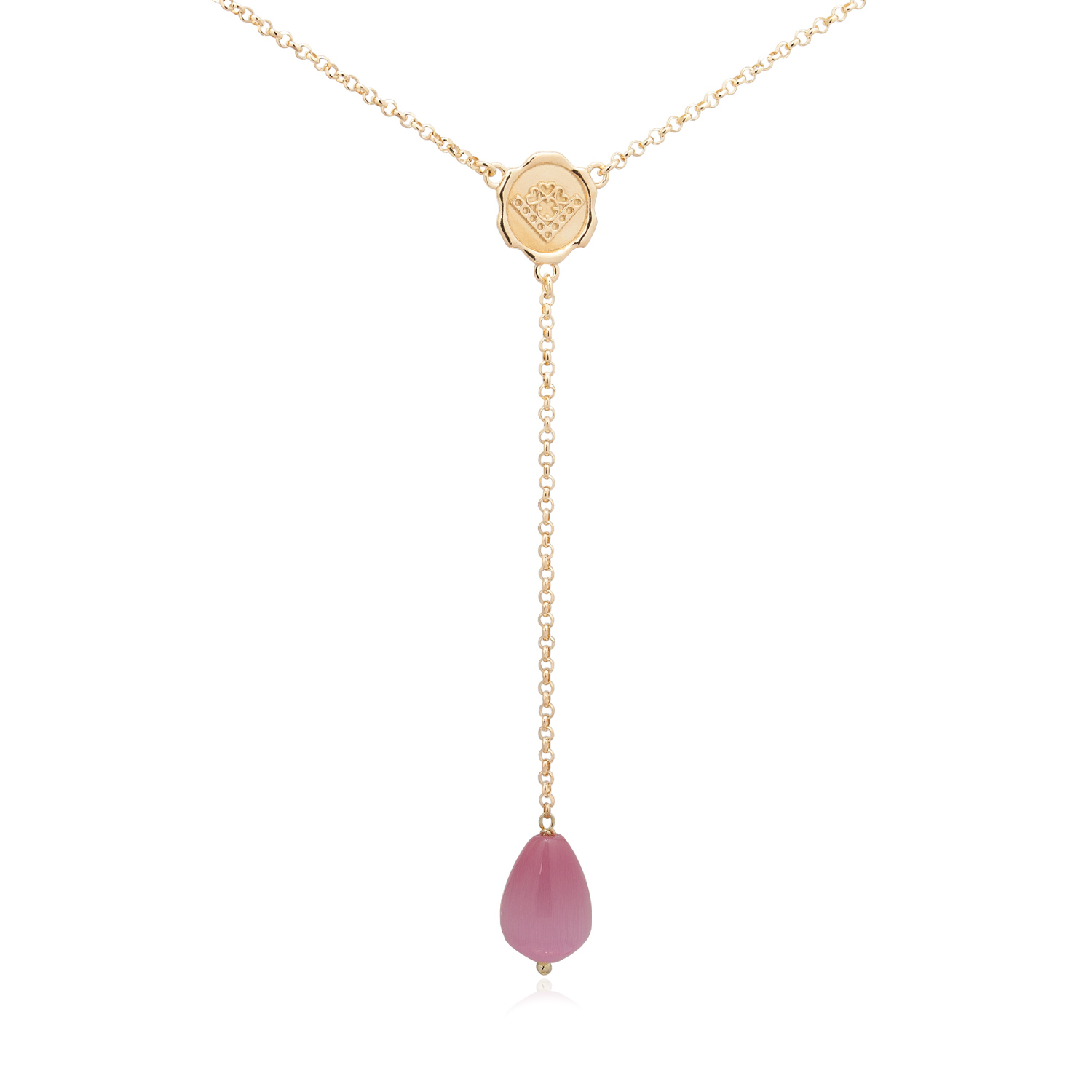 Collana rosario con pietra rosa colore Flamingo. Elegante rosario con pietra pendente a goccia.