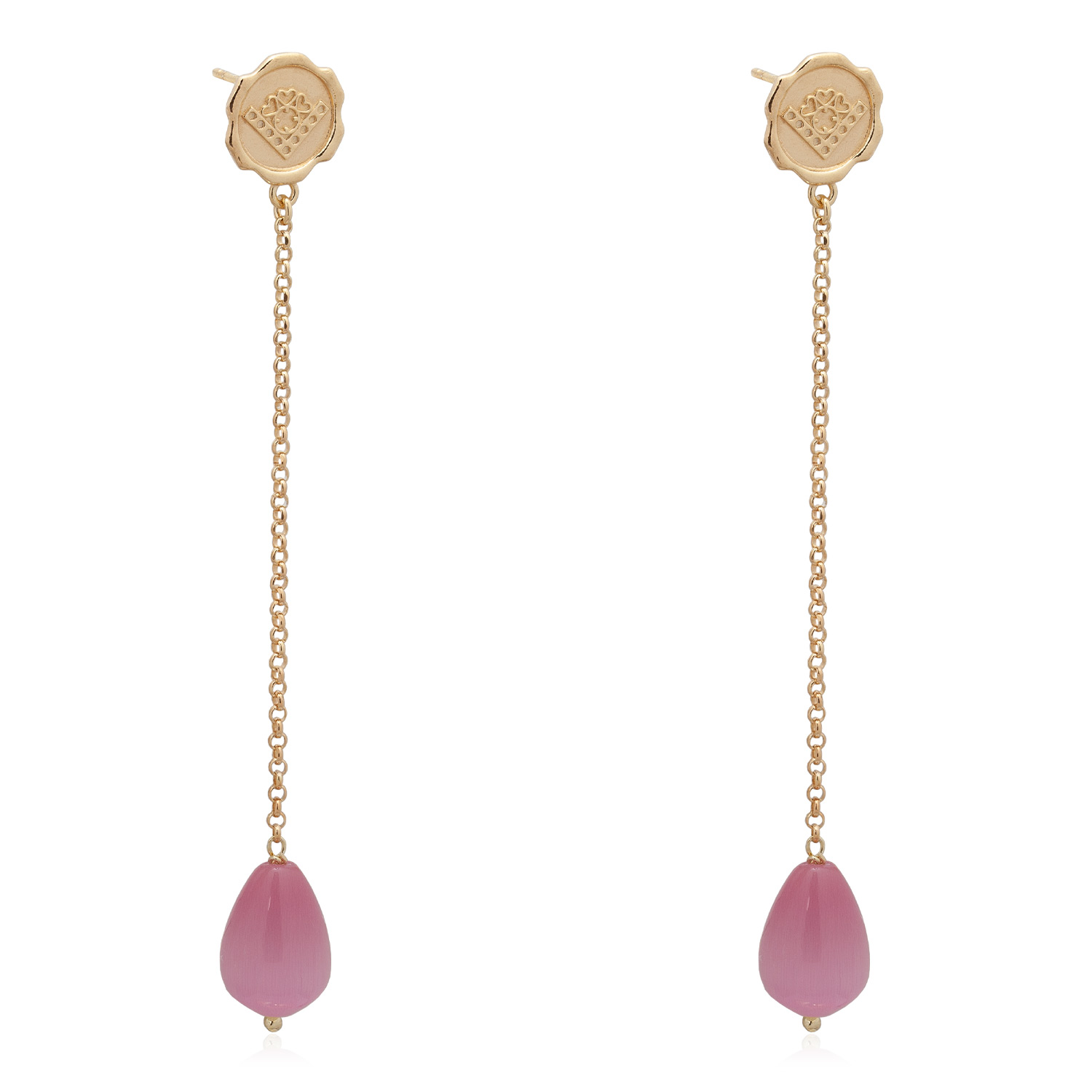 Orecchini color rosa, orecchini sigillo Flamingo. Orecchini con catena lunga e pietra rosa pendente. Pietra occhio di gatto tonalità rosa. Gioiello in finitura oro.