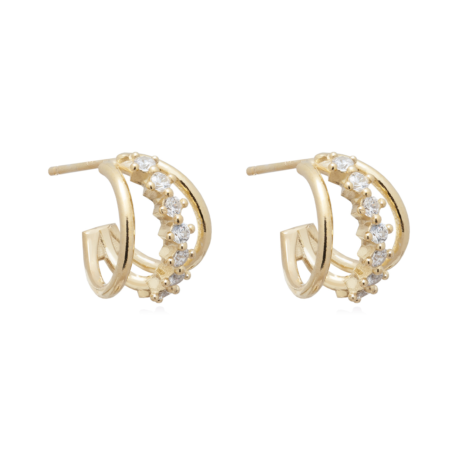 Orecchino Oro con Zirconi a Tre Fili, Eleganti e Raffinati. Cerchietti Dorati in Argento 925 con Pietre Preziose, Anallergici.
