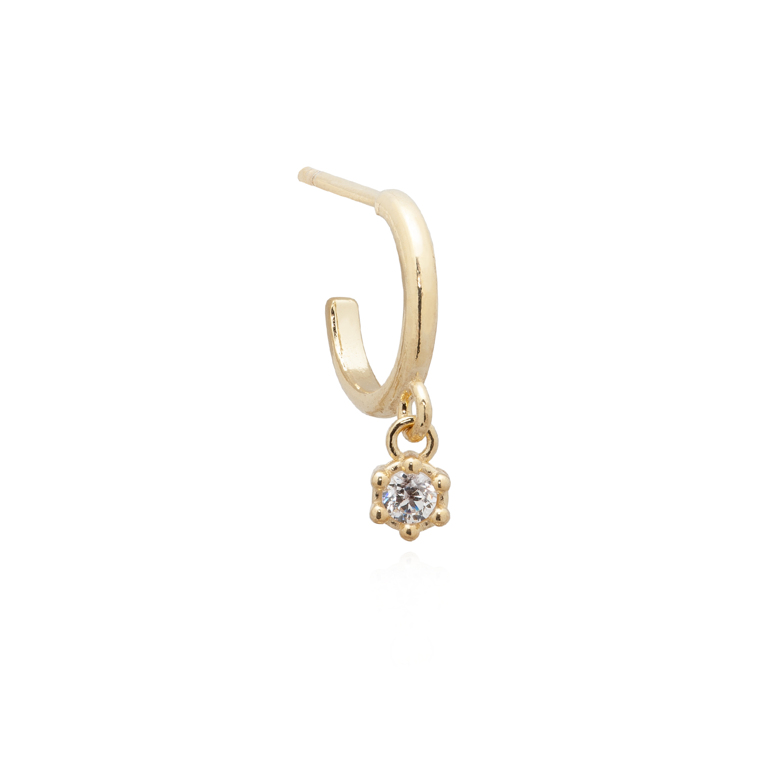 Orecchino a Cerchio Piccolino con bocciolo Pendente, in Argento e Zircone finitura oro. Cerchietto dorato con Punto Luce pendente, Luminoso e Raffinato.